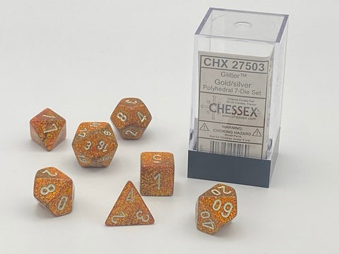 Chessex Glitter Die Set – Gold with Silver Numbers (7-piece)