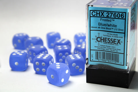 Chessex Frosted Die Set – Blue with White Dots (12x D6, 16 mm)