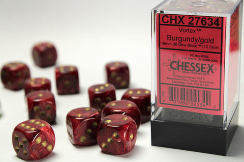 Chessex Vortex Dice Block – Burgundy Red with Gold Dots (12× W6, 16 mm)