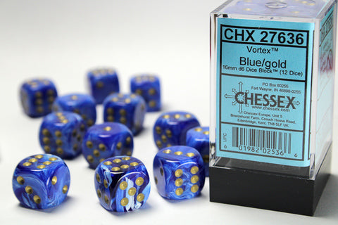 Chessex Vortex Die Block – Blue with Gold Eyes (12× D6, 16 mm)