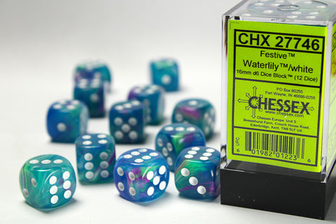 Chessex Festive Dice Set – Waterlily with White Eyes (12x D6, 16 mm)