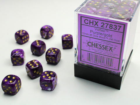Chessex Vortex Dice Set – Purple with Gold Eyes (36x D6, 12 mm)