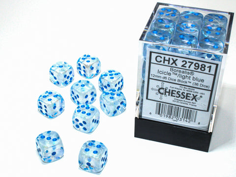 Chessex Borealis Dice Set – Ice Blue with Light Blue Eyes (36x D6, 12 mm)