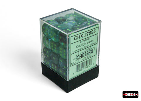 Chessex Borealis Dice Set – Kelp with Light Green Eyes (36x D6, 12 mm)