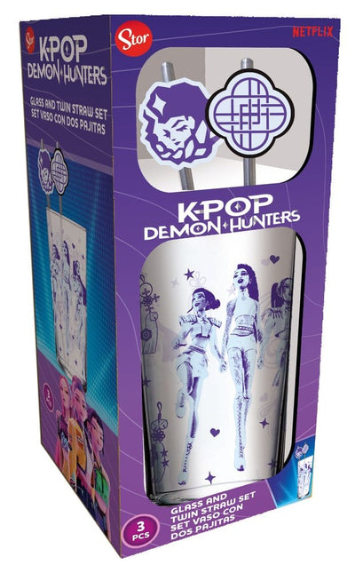 KPop Demon Hunters – Glas Tumbler mit 2 Trinkhalmen (485 ml)