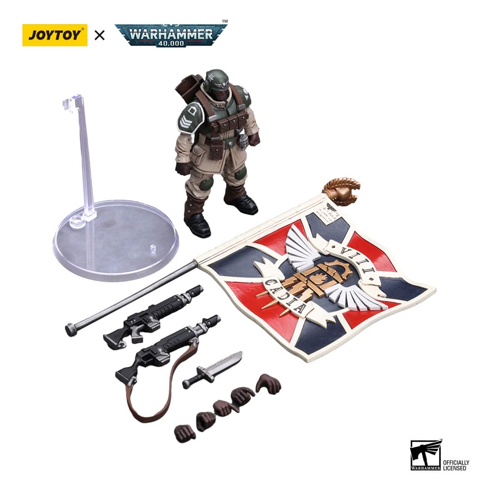 Warhammer 40k Actionfigur 1/18 Astra Militarum Cadian Command Squad Veteran with Regimental Standard 12 cm